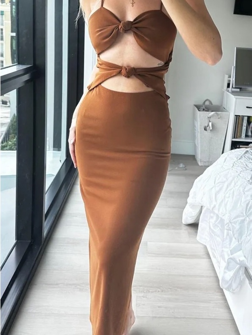 Ronny Kobo Collection Brown Cutout Knot Maxi Dress